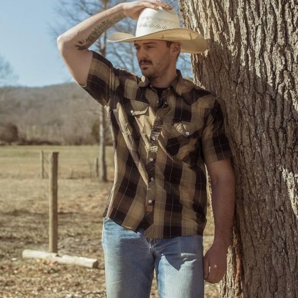 Western Shirts for Men Short Sleeve Plaid Pearl Snap-Brown Khaki